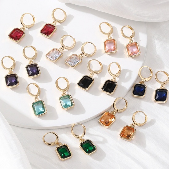 Picture of Copper Simple Earrings Gold Plated Square Multicolour Cubic Zirconia 2.9cm x 1.2cm