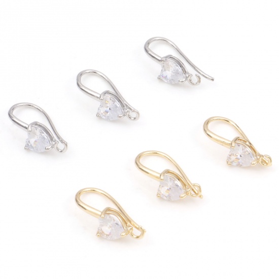 Picture of Copper Ear Wire Hooks Earring Real Gold Plated Heart With Open Loop Clear Cubic Zirconia 19mm x 6mm