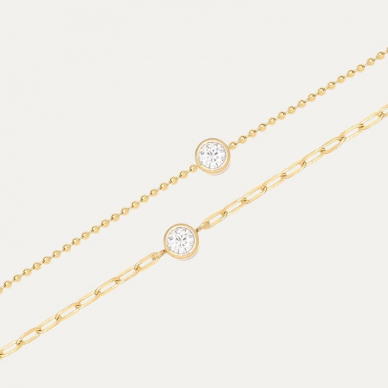 Picture of Eco-friendly Exquisite Stylish 18K Real Gold Plated 304 Stainless Steel & Cubic Zirconia Link Chain Round Charm Bracelets For Women
