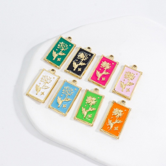 Picture of 304 Stainless Steel Charms 14K Gold Plated Multicolor Rectangle Chrysanthemum Flower Enamel 26mm x 14.5mm