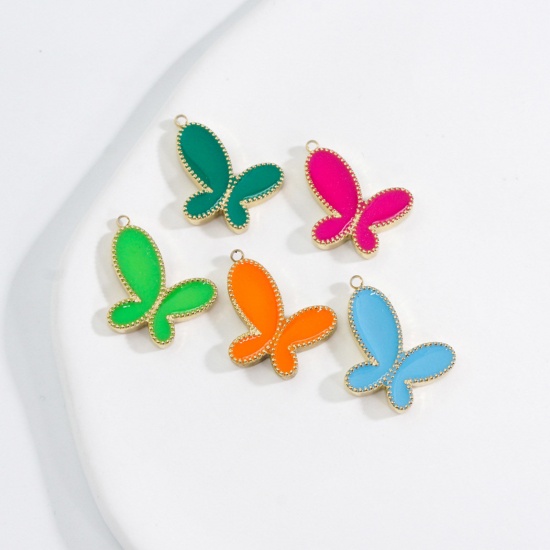 Picture of 304 Stainless Steel Insect Charms Gold Plated Multicolor Butterfly Animal Enamel 18mm x 16.5mm