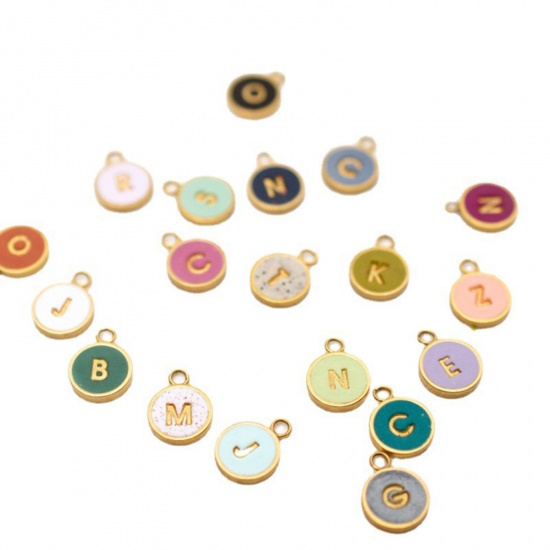 Picture of 304 Stainless Steel Ins Style Charms Gold Plated Multicolor Round Initial Alphabet/ Capital Letter Message " A-Z " Enamel 16mm Dia.