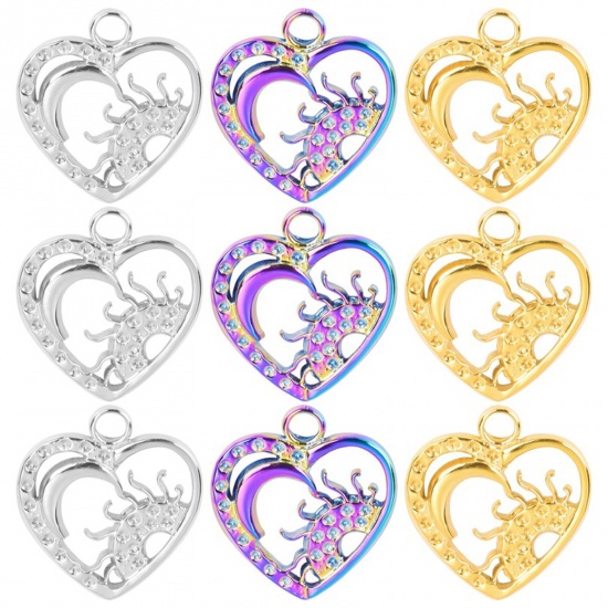Picture of 304 Stainless Steel Charms Multicolor Heart Sun Hollow 19mm x 17mm