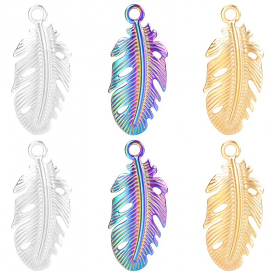 Picture of 304 Stainless Steel Charms Multicolor Feather 35mm x 15mm