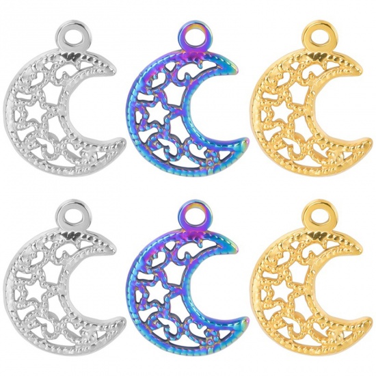 Picture of 304 Stainless Steel Charms Multicolor Half Moon Star Hollow 19mm x 15mm