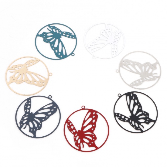 Picture of Iron Based Alloy Insect Pendants Multicolor Round Butterfly Painted 3.3cm x 3.1cm