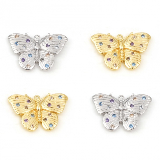 Picture of Copper Insect Charms Butterfly Animal Real Gold Plated Micro Pave Multicolour Cubic Zirconia 22.5mm x 15mm