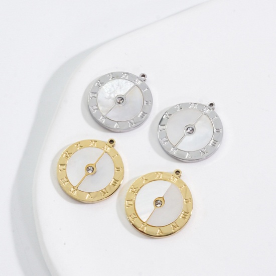 Picture of 304 Stainless Steel & Shell Charms Multicolor White Round Clock 15mm x 15mm