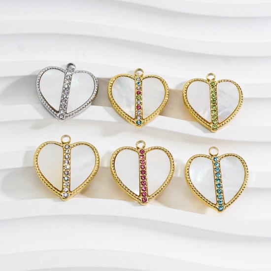 Picture of 304 Stainless Steel & Shell Charms Multicolor White Heart Multicolor Rhinestone 16mm x 15mm