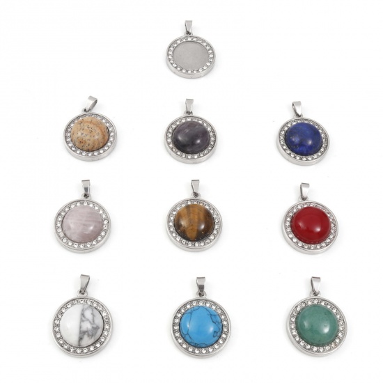Picture of Gemstone Charms Silver Tone Round Clear Rhinestone 30mm x 21.5mm