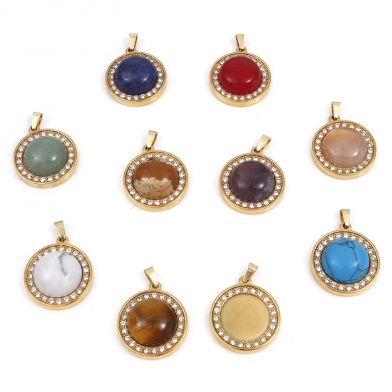 Picture of Gemstone Charms Gold Plated Round Clear Rhinestone 30mm x 21.5mm