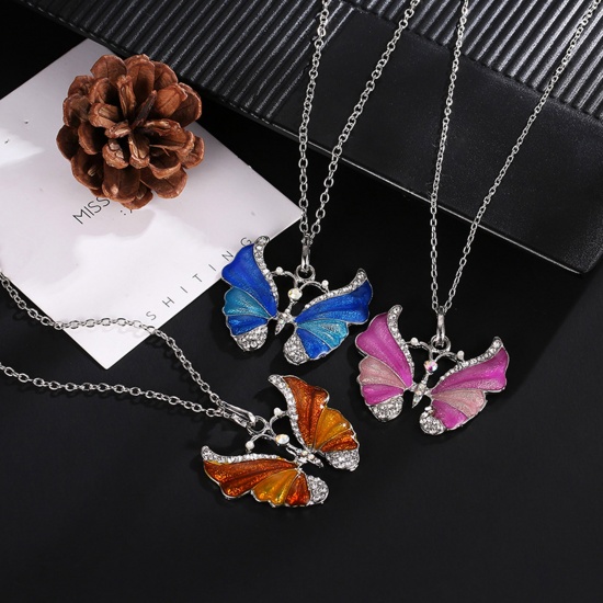 Picture of Insect Pendant Necklace Silver Tone Multicolor Butterfly Animal Clear Rhinestone Enamel 60cm(23 5/8") long