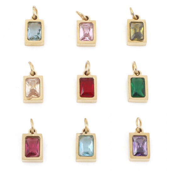 Picture of 304 Stainless Steel Charms Gold Plated Rectangle Multicolour Cubic Zirconia 13mm x 6mm