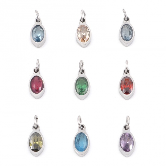 Picture of 304 Stainless Steel Charms Silver Tone Marquise Multicolour Cubic Zirconia 13.5mm x 5mm