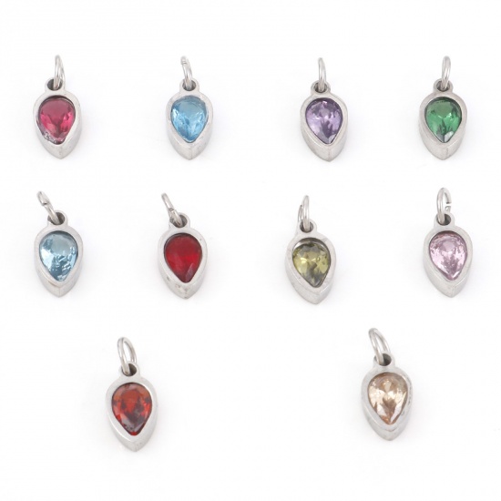 Picture of 304 Stainless Steel Charms Silver Tone Drop Multicolour Cubic Zirconia 13mm x 5.5mm