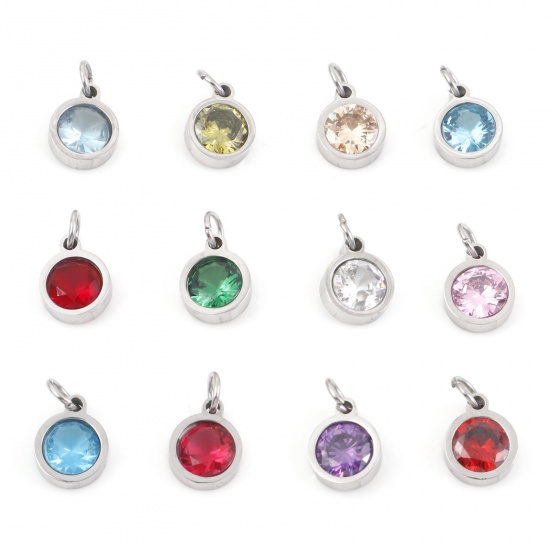 Picture of 304 Stainless Steel Charms Silver Tone Round Multicolour Cubic Zirconia 13mm x 8mm