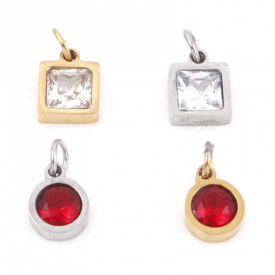 Picture of 304 Stainless Steel Charms Round Square Multicolour Cubic Zirconia 11mm x 6mm