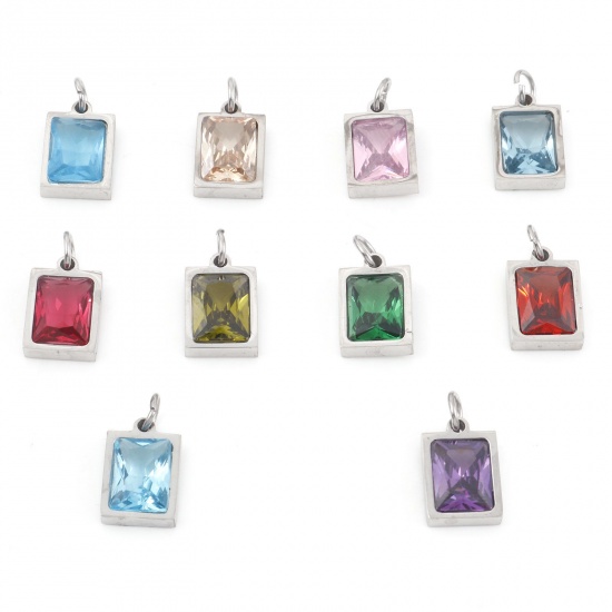 Picture of 304 Stainless Steel Charms Silver Tone Rectangle Multicolour Cubic Zirconia 15mm x 8mm