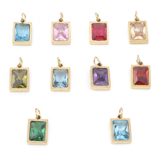Picture of 304 Stainless Steel Charms Gold Plated Rectangle Multicolour Cubic Zirconia 15mm x 8mm