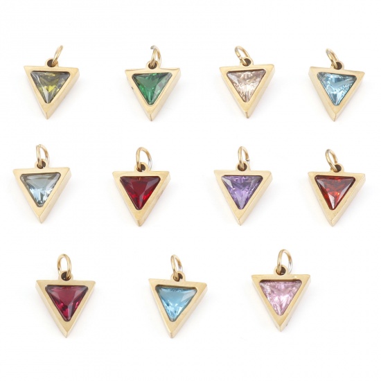 Picture of 304 Stainless Steel Charms Gold Plated Triangle Multicolour Cubic Zirconia 14mm x 10mm