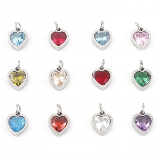 Picture of 304 Stainless Steel Valentine's Day Charms Silver Tone Heart Multicolour Cubic Zirconia 13mm x 8mm