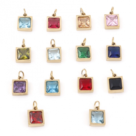 Picture of 304 Stainless Steel Charms Gold Plated Square Multicolour Cubic Zirconia 13mm x 8mm