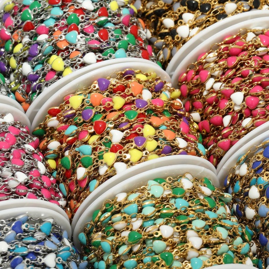 Picture of 304 Stainless Steel Link Chain Heart Gold Plated Multicolor Enamel 5mm