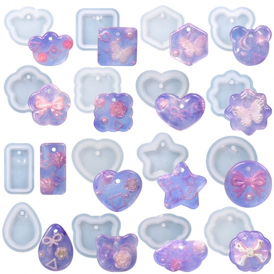 Picture of Silicone Resin Mold For Keychain Necklace Earring Pendant Jewelry DIY Making Heart Flower White 
