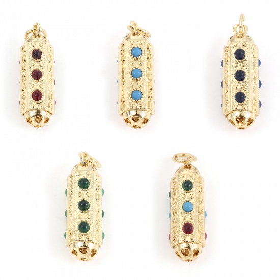 Picture of Copper Charms Gold Plated Hexagonal Prism Micro Pave Multicolour Cubic Zirconia 26mm x 7mm