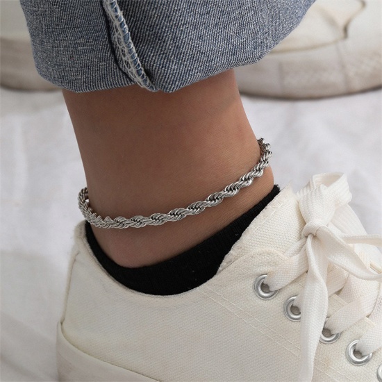 Picture of 304 Stainless Steel Simple Braided Rope Chain Anklet Silver Tone 20cm(7 7/8") long 