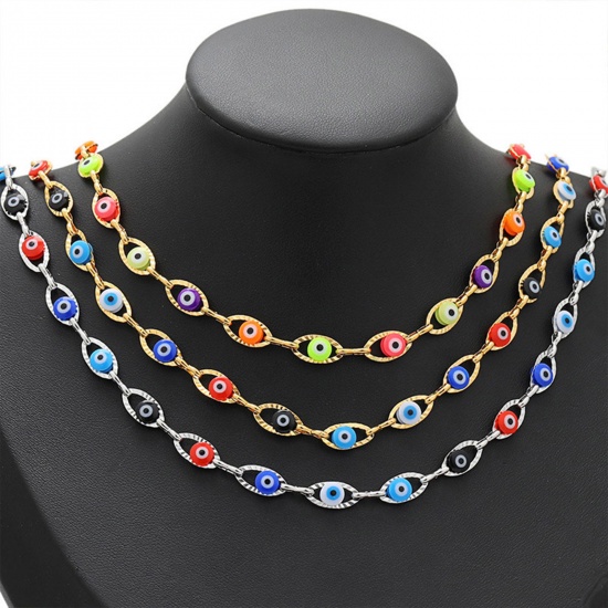 Picture of 304 Stainless Steel Religious Handmade Link Chain Evil Eye Gold Plated Multicolor 6mm