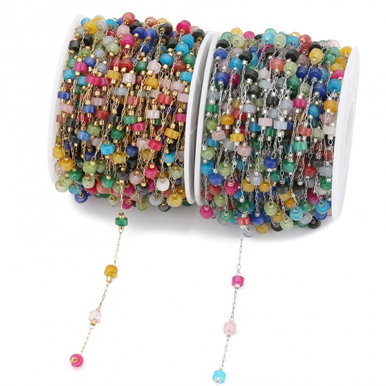 Picture of 304 Stainless Steel & Stone Handmade Link Chain Multicolor Imitation Gemstones 4mm