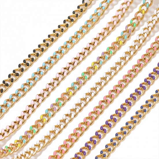 Picture of 304 Stainless Steel Cuban Link Chain Gold Plated Multicolor Enamel 4.5mm