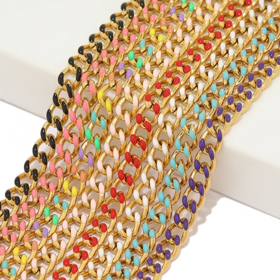 Picture of 304 Stainless Steel Cuban Link Chain Gold Plated Multicolor Enamel