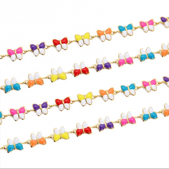 Picture of 304 Stainless Steel Handmade Link Chain Butterfly Animal Gold Plated Multicolor Enamel 7mm