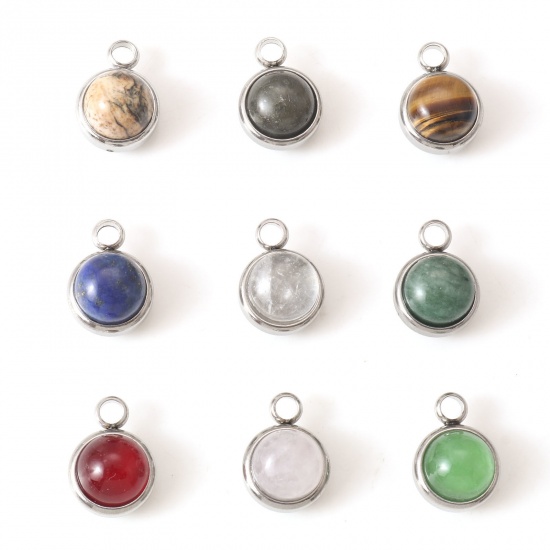 Picture of 304 Stainless Steel & Gemstone Charms Silver Tone Multicolor Round 14mm x 10mm