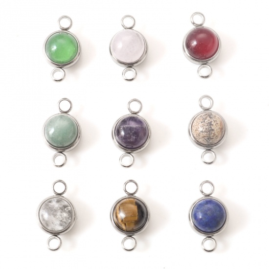 Picture of 304 Stainless Steel & Gemstone Connectors Silver Tone Multicolor Round 18mm x 10mm