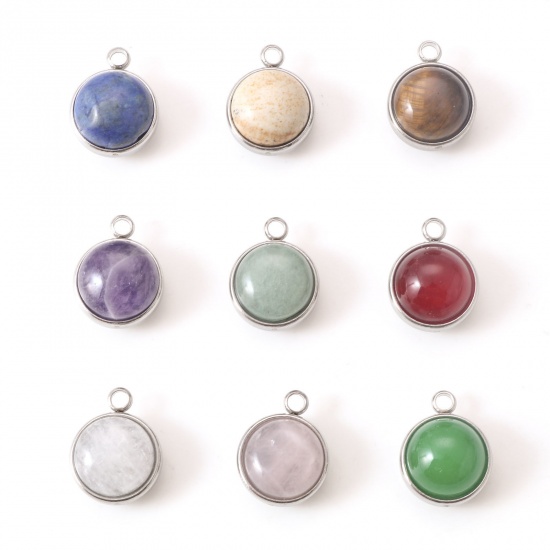 Picture of 304 Stainless Steel & Gemstone Charms Silver Tone Multicolor Round 18mm x 14mm