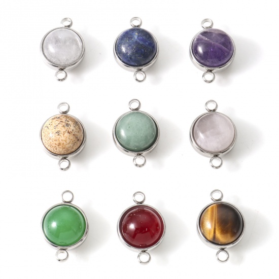 Picture of 304 Stainless Steel & Gemstone Connectors Silver Tone Multicolor Round 22mm x 14mm