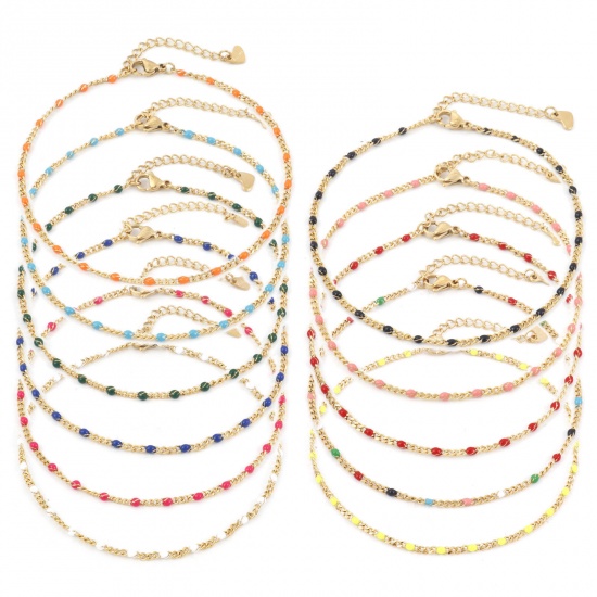 Picture of 304 Stainless Steel Simple Curb Link Chain Anklet Gold Plated Multicolor Enamel 23cm(9") long