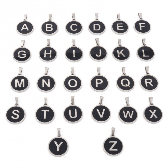 Picture of 304 Stainless Steel & Shell Charms Silver Tone Black Round Initial Alphabet/ Capital Letter Message " A-Z " 24mm x 16mm