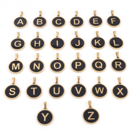 Picture of 304 Stainless Steel & Shell Charms Gold Plated Black Round Initial Alphabet/ Capital Letter Message " A-Z " 24mm x 16mm