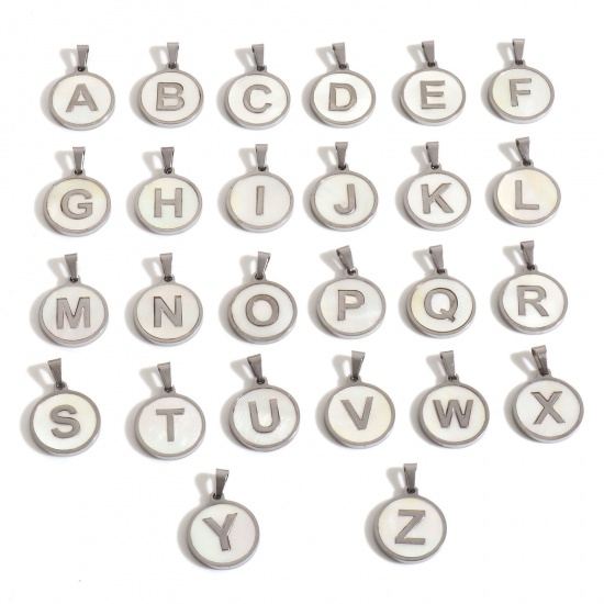 Picture of 304 Stainless Steel & Shell Charms Silver Tone White Round Initial Alphabet/ Capital Letter Message " A-Z " 24mm x 16mm