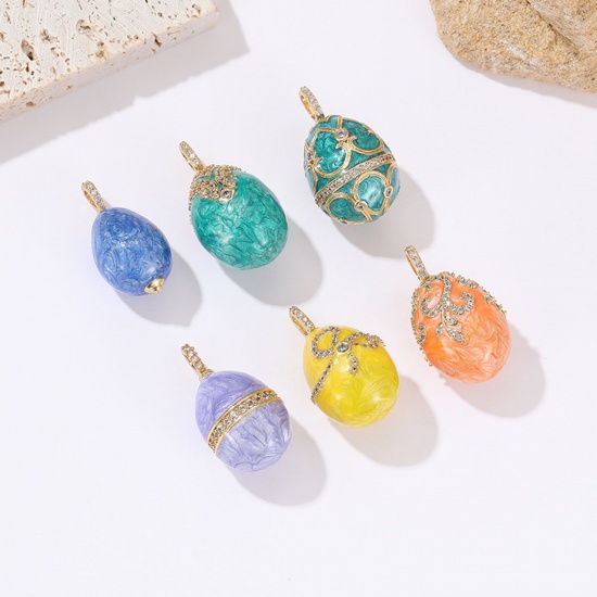 Picture of Copper Easter Day Charms Gold Plated Multicolor Egg Enamel Clear Cubic Zirconia