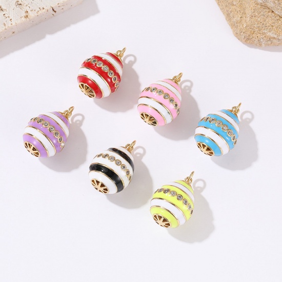 Picture of Copper Easter Day Charms Gold Plated Multicolor Egg Enamel Clear Cubic Zirconia 22mm x 15.7mm