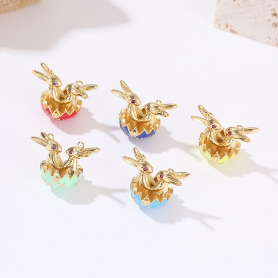 Picture of Copper Easter Day Charms Gold Plated Multicolor Rabbit Animal Enamel Fuchsia Cubic Zirconia 17.3mm x 15.5mm