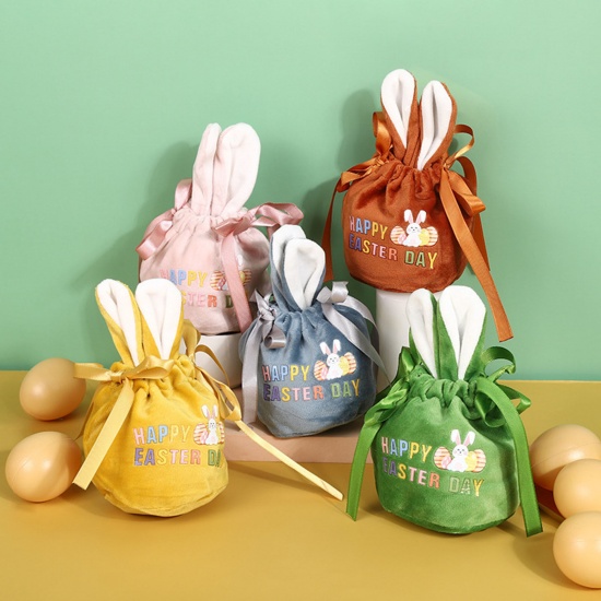 Imagen de Pana día de Pascua Bolsa Cordón Multicolor Orejas de Conejo Huevo de Pascua Mensaje " Happy Easter Day " 13cm x 10cm, 2 Unidades