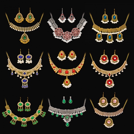 Bild von Königlicher Stil Schmuck Halskette Ohrringe Set Tropfen Quaste Bunt Zirkonia Imitat Perle 1 Set