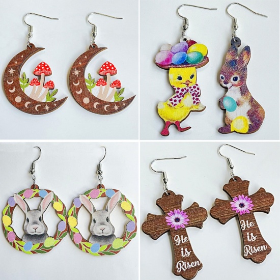 Picture of Wood Easter Day Ear Wire Hook Earrings Silver Tone Multicolor Rabbit Animal