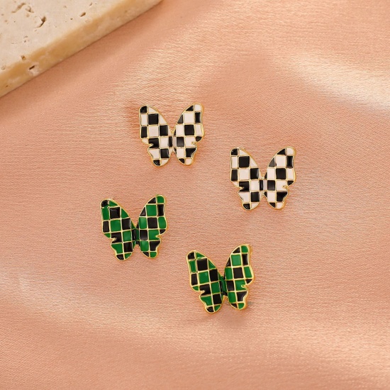 Picture of Insect Ear Post Stud Earrings Butterfly Animal Grid Checker Enamel 17mm